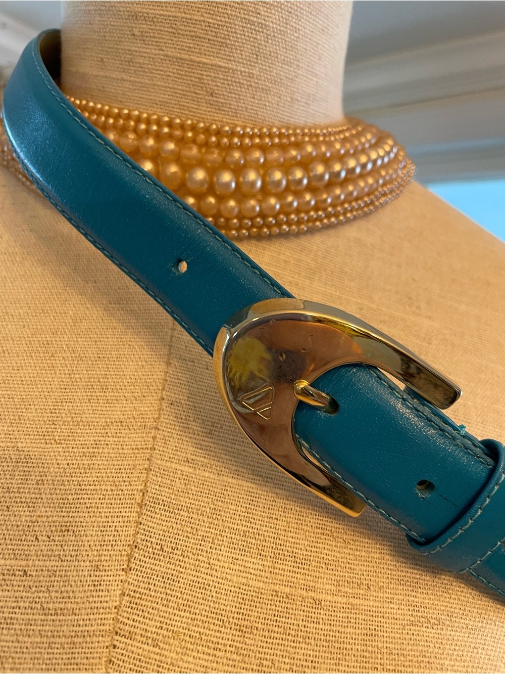 Liz Claiborne Teal Leather Belt with Gold Buckle - Picture 2 of 11